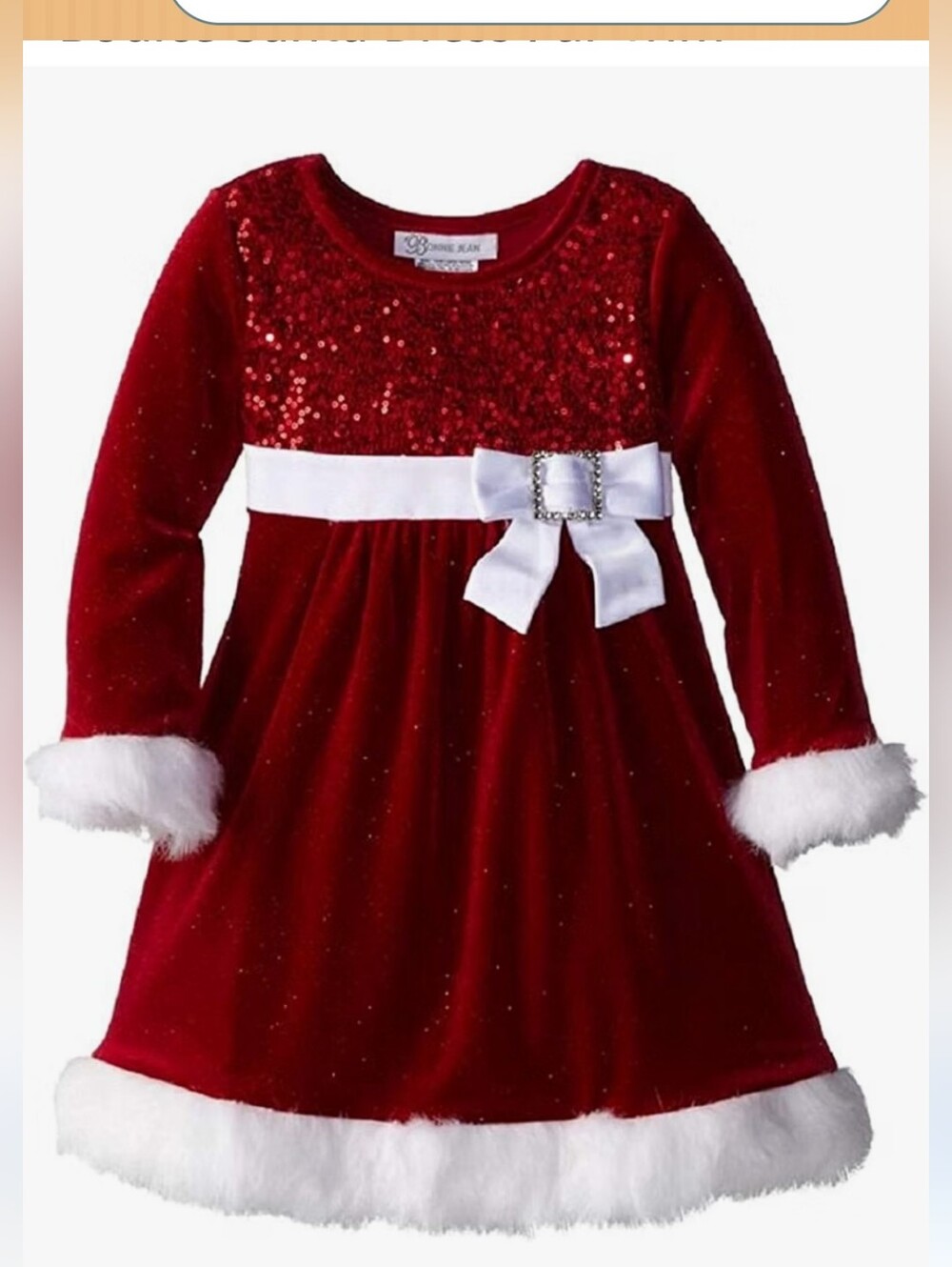 Bonnie Jean Red Velvet Sequin Holiday Dress with White Trim